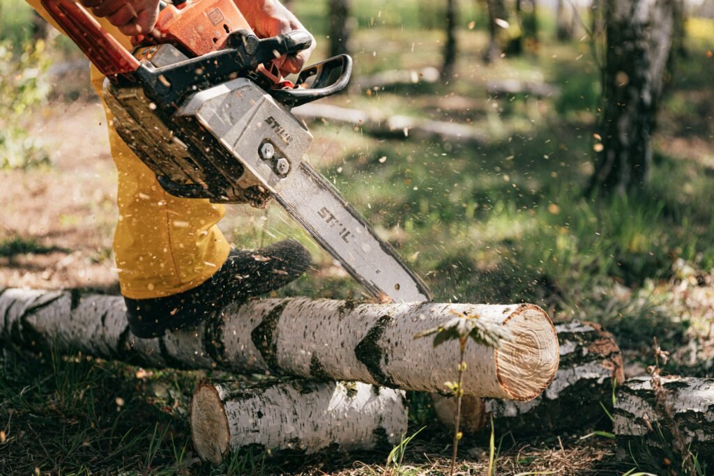 Cutting a Tree wearing Gloves
